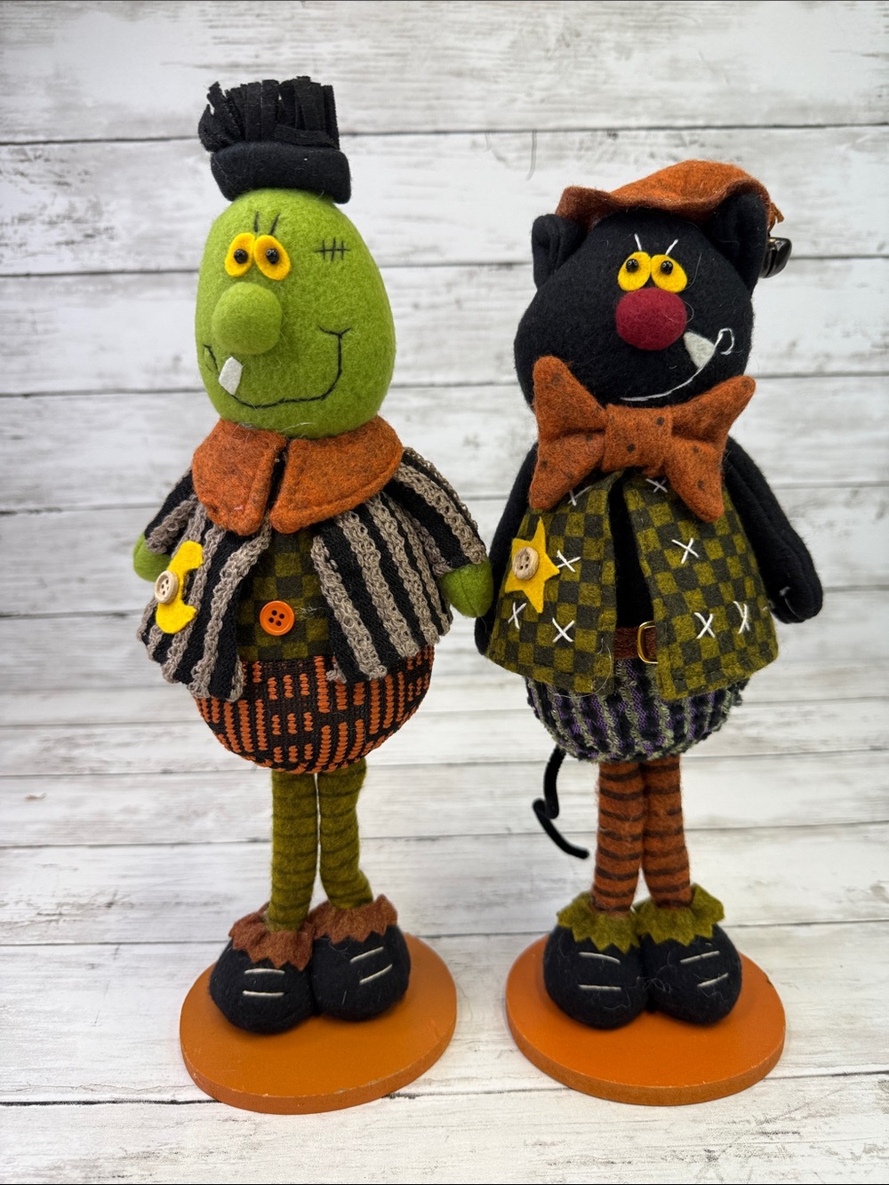 Halloween Felt figures featuring a Frankenstein and black cat 13” folk art